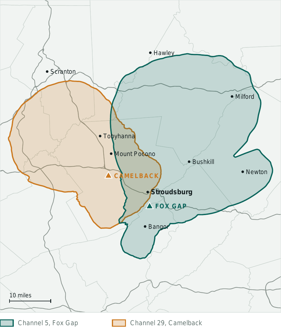 Predicted service contours of both proposed stations: Channel 5 from Fox Gap covering Stroudsburg, Bangor and northeast toward Milford and Newton, and Channel 29 from Camelback covering Mount Pocono and Tobyhanna toward Scranton. The two overlap around Stroudsburg.